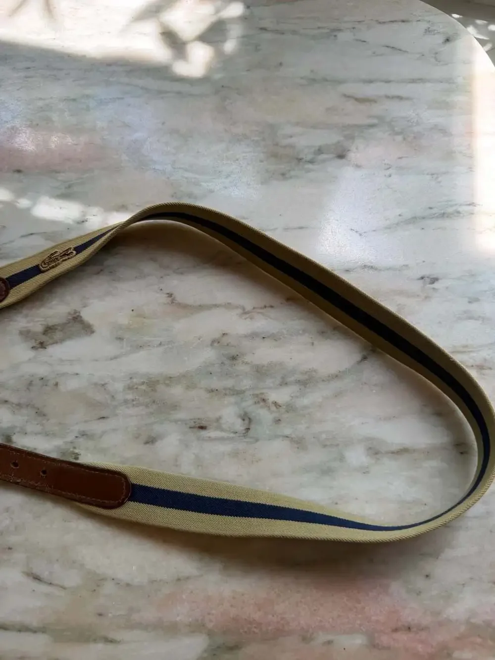 Vintage Lacoste Khaki and Navy Striped Canvas Belt with Leather Trim and Solid B
